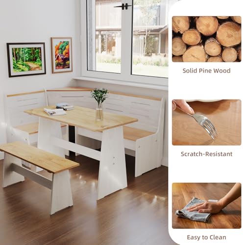 Gracava Breakfast Nook Table Set for Kitchen - White Bench Seating for Dining Room with Space Saving Solid Wood L Shaped Corner Dining Table Set Apartment for 4 to 6 People Gracava