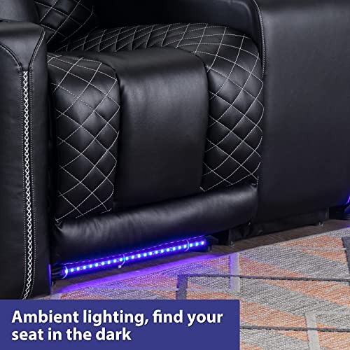 CANMOV Home Theater Seating, Electric Power Recliner Chairs with USB Ports and Cup Holders, Breathable Faux Leather Recliner Set with Hidden Arm Storage, Ambient Lighting (Row of 2, Black) CANMOV