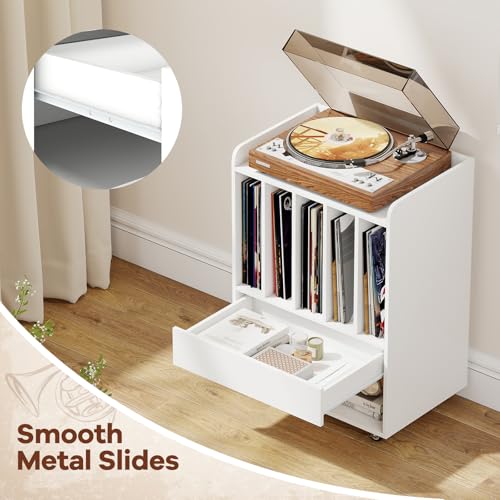 Giantex Record Player Stand, Rolling Turntable Stand with Drawer & Lockable Wheels, Record Player Table Holds Up to 150 Albums, Vinyl Record Storage for Living Room Bedroom, White Giantex