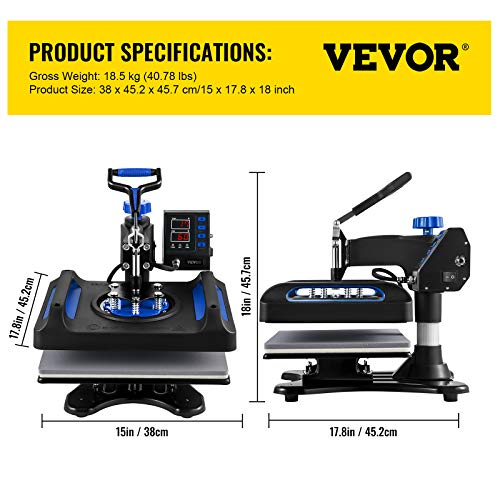 VEVOR Heat Press Machine for T-Shirts - 8 in 1 Heat Press Sublimation Machine with 360° Rotation/Dual-Tube Heating, 12 x 15 Swing Away Heat Press for DIY T-Shirts/Cap/Mugs/Heat Transfer Projects,Blue VEVOR