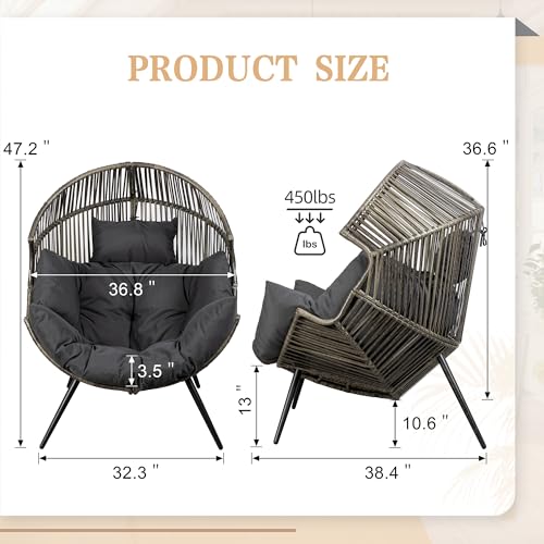 Vongrasig Outdoor Wicker Egg Chair PE Rattan Chair with Cushion, Oversized Patio Lounge Chair for Outdoor, Indoor, Balcony, Backyard, Garden, Black/Rattan Vongrasig