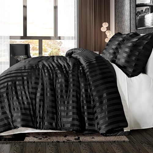 Whale Flotilla 3-Piece Reversible Silky Soft King Size Comforter Set, Luxury Stripe Satin Oversized Comforter Bedding Set with 2 Satin Pillowcases, Lightweight Duvet for All Seasons, Black Whale Flotilla