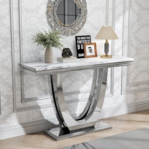 47" Modern Marble Console Table, Narrow Entryway Table White Faux Marble Top & Silver Double U-Shaped Stainless Steel Base - Sofa Table for Entryway, Hallway, Foyer, Living Room AMHDDT