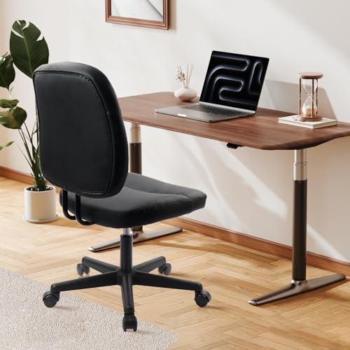 CLATINA Armless Home Office Chair, Small PU Leather Ergonomic Low Back Desk Chair with Lumbar Support and Wheels, Adjustable Height 360° Swivel Rolling Computer Task Chair, Black CLATINA
