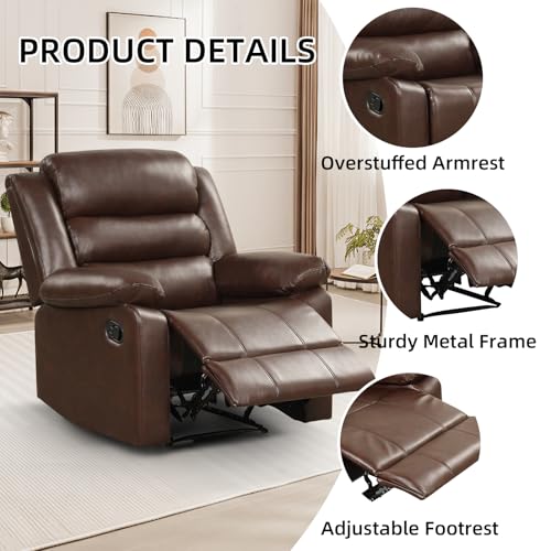 IOMOR Manual Recliner Chair with Overstuffed Arm and Extra-Padded Back, Breathable PU Leather Reclining Chair for Adults, Single Sofa for Living Room, Bedroom (Dark Brown)