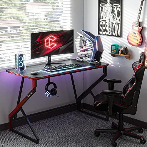 CubiCubi Simple Gaming Desk Z Shaped 47 inch Gamer Workstation, Home Computer Carbon Fiber Surface Gaming Desk PC Table with Headphone Hook CubiCubi