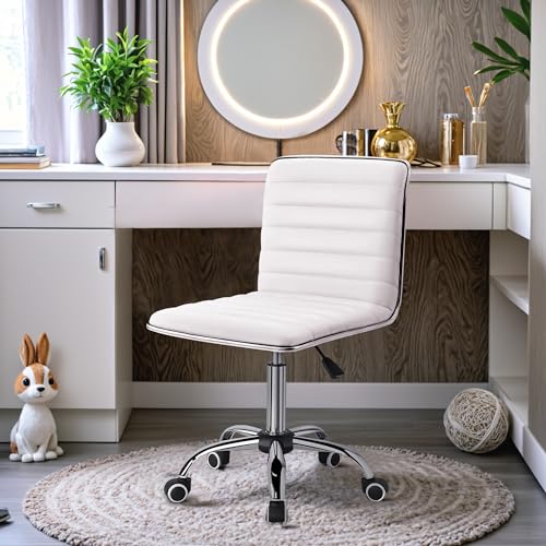 Furmax Vanity Office Desk Chair with Wheels, Armless Small Cute Leather Makeup Computer Task Chair Adjustable Height 360° Swivel (White) Furmax