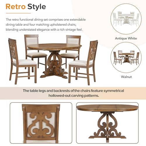 Merax Round Dining Table Set for 4, 5-Piece Extendable Kitchen Table Set with 4 Upholstered Chairs, Farmhouse Dining Table and Chairs Set for Kitchen, Dining Room, Living Room, Walnut Merax