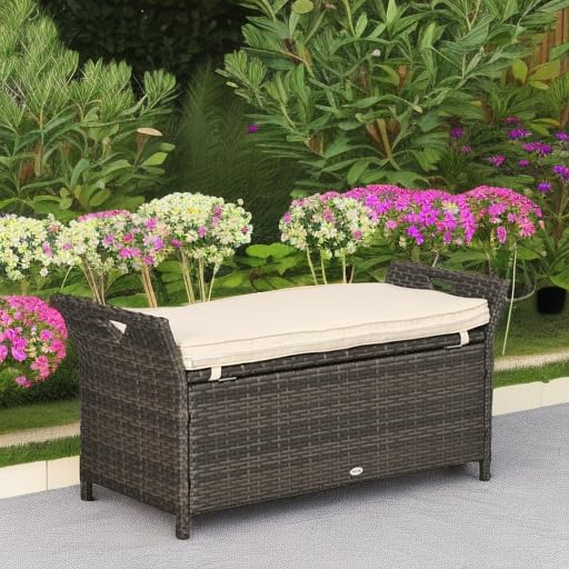 Outsunny 29 Gallon Patio Wicker Storage Bench, Outdoor PE Rattan Patio Furniture, 2-in-1 Large Capacity Rectangle Garden Storage Box with Handles and Cushion, Cream White Outsunny