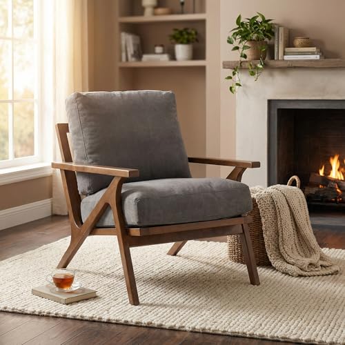 Wahson Mid Century Chair, Upholstered Accent Armchair, with Wood Frame and Canvas Cushions, Leisure Slipper Chair for Living Room/Bedroom, Grey Wahson