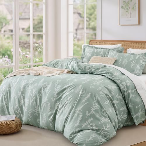 MUXHOMO Duvet Cover Full Size, Reversible Floral Green Duvet Cover Set with Zipper Closure, 3 Pieces Botanical Patterns Soft Microfiber Bedding Set with 4 Ties (80"x90", 2 Pillow Cases) MUXHOMO