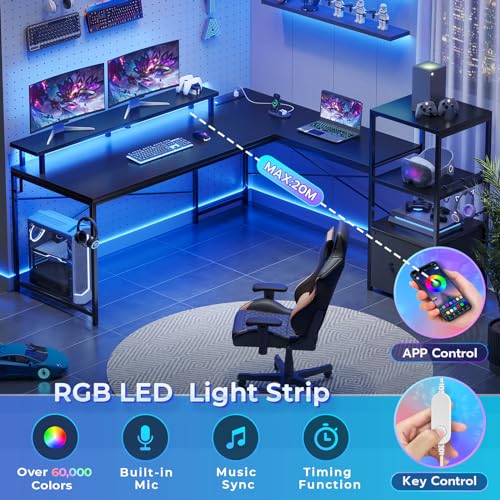 SEDETA L Shaped Gaming Desk, 51" Computer Desk with Storage Shelves, Gamer Desk with Power Outlets & LED Lights, Fabric Drawer, Monitor Stand and Hooks, Black SEDETA
