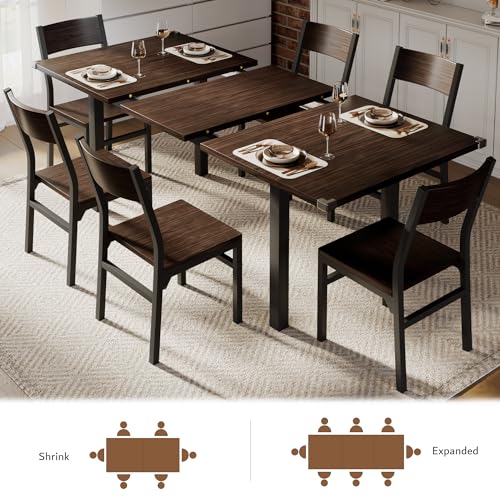 iPormis 7 Pieces Dining Table & Chairs Set for 4-6, 63" Extendable Kitchen Table and 6 Chairs, Dining Room Table with MDF Board & Metal Frame, Perfect for Small Space, Easy Clean, Espresso iPormis