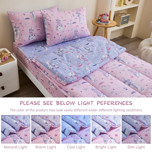 Anibedding 3Pcs Zip Up Bedding Comforter Set for Girls, Pink Castle All in One Zipper Twin Bedding Set with Pillowcase for Kids Anibedding