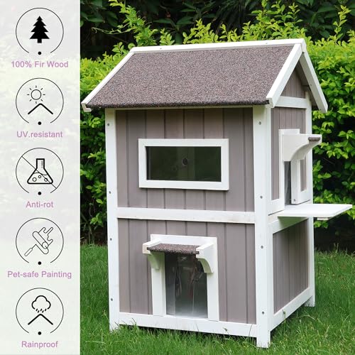 HiCaptain Outdoor Cat House for Feral Cats, Weatherproof Outside Cat Shelter Wooden 2 Story Large Kitty House with Escape Door HiCaptain