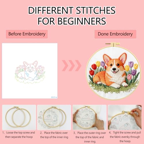 Zhenqing Corgi Embroidery Kit for Beginners, Pre-Printed 29x29cm Cotton Fabric with 20cm Hoop, Cute Dog with Tulips Spring Design (C0216)
