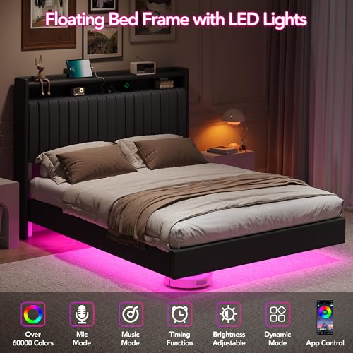 GarveeHome Full Size Floating Bed Frame with RGB LED Lights & Charging Station, Upholstered Platform Bed Frame with Storage Headboard, 50" Tall Headboard Leather Full Bed No Box Spring Needed, Black GarveeHome