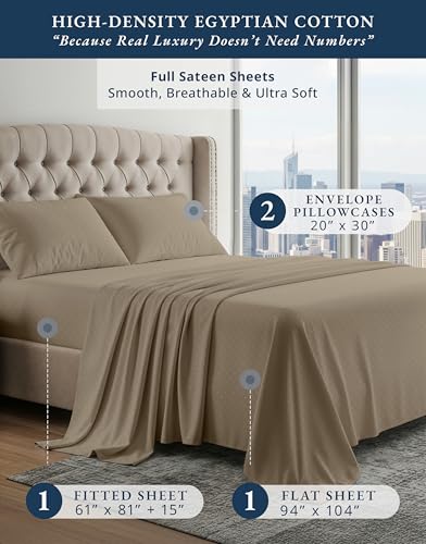 LANE LINEN 100% Egyptian Cotton Bed Sheets - 4PC Full Sheets Set, Long Staple Bedding Sheets, Sateen Weave, Luxury Hotel Sheets, Fits Upto 16" Mattress, Swiss Dot - Taupe LANE LINEN