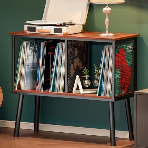 Record Player Stand with Adjustable Divider Vinyl Storage Holder Up to 200 Albums Mid-Century Large Record Player Table Vinyl Holder Turntable Stand End Table for Bedroom & Living Room, Patent Pending Simple Serenity