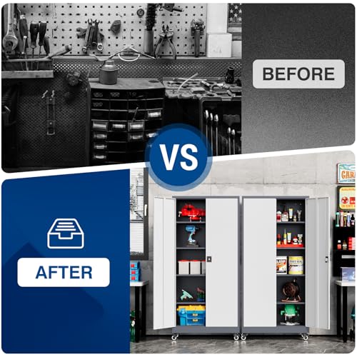 Fesbos Metal Rolling Storage Cabinet-74.6” Tall Steel File Cabinets with Wheels Lockable Doors and Adjustable Shelves-Gray & White Steel Storage Cabinet for Home, School, Office, Garage Fesbos