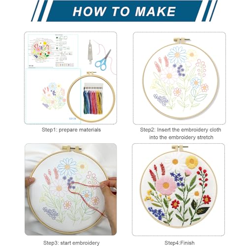 Zhenqing Wildflower Embroidery Kit for Beginners, Colorful Floral Craft Set with 20cm Hoop, Printed Pattern on 29x29cm Cotton Fabric, DIY Nature Wall Art (C0128)