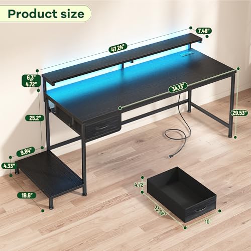 DurayLoly 47.2" Gaming Desk with Power Outlet and LED Lights,Computer Desk with Adjustable Monitor Stand and Drawer,Office Desk with CPU Stand for Home Work,Study and Gaming, Small Spaces,Black DurayLoly