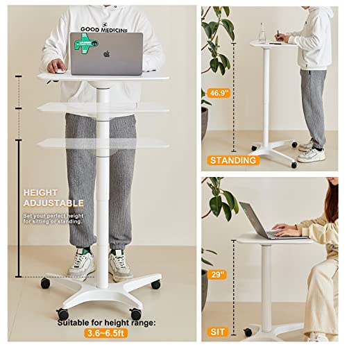 HAOOAH 47" Mobile Standing Desk(26" W*19.3" D), Adjustable Height Laptop Desk, Pneumatic Desk with Gas Spring Riser, Podium for Home, Office,Classroom,Medical, (29" to 46.9" H) (White) HAOOAH