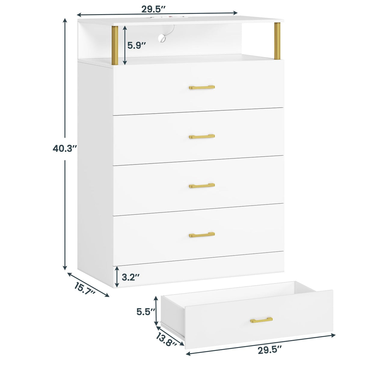 AOGLLATI White Dresser for Bedroom with Column Design, 4 Drawer Dresser with Charging Station, Modern Bedroom Led Tall Dresser for Bedroom Closet AOGLLATI