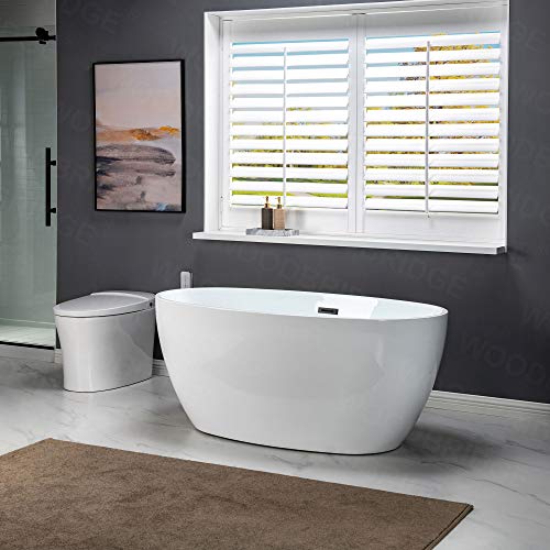WOODBRIDGE 55" Acrylic Freestanding Bathtub Contemporary Soaking White Tub with Matte Black Overflow and Drain,B1418 -MB-Drain &O WOODBRIDGE