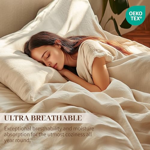 MEISHANG 100% French Pure Linen Sheets Queen Size - Bed Sheets 4 Piece Sets, Soft Durable Flax Linen, Anti-Tear Breathable Oeko-Tex Certified with 16" Deep Pocket (Linen) MEISHANG