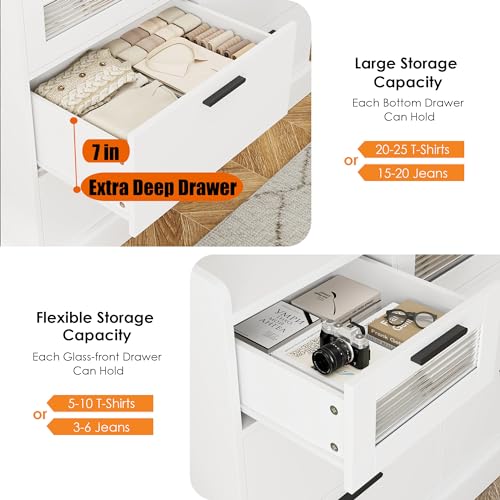 HOSTACK Modern 7 Drawer Double Dresser for Bedroom, Wide Chest of Drawers with Fence, Wood Storage Organizer with Metal Handle & Fluted Glass, Accent Storage Cabinet for Living Room, Entryway, White HOSTACK