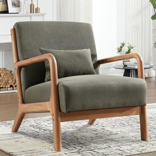 IOMOR Accent Chair Mid Century Modern Chair Linen Fabric Living Room Chairs with Solid Wood Frame Comfy Upholstered and Lumbar Pillow Reading Side Chair Easy Assembly for Bedroom Room (1, Linen Green) IOMOR
