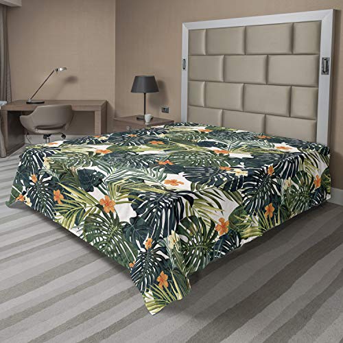 Ambesonne Floral Flat Sheet, Botanic Tropic Leaves and Flowers Hawaiian Theme Summer Plants Illustration, Soft Comfortable Top Sheet Decorative Bedding 1 Piece, Queen Size, Forest Green Ambesonne