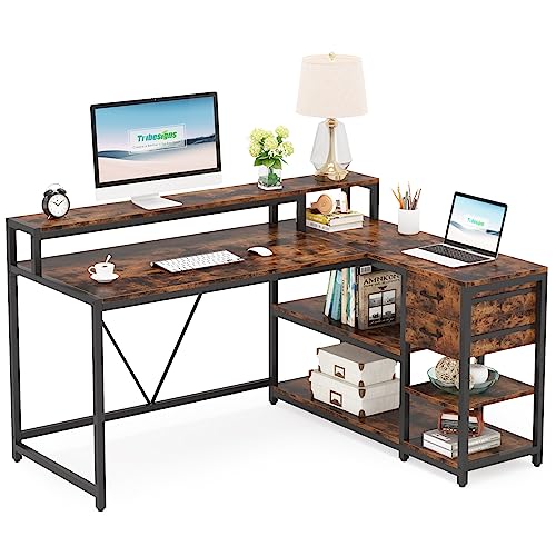 Tribesigns Rustic L Shaped Desk with Drawers and Shelves for Home Office Tribesigns