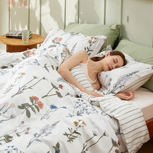 Bedsure Comforter Set King Size - Cute Floral Bedding Comforter Set, 3 Pieces, 1 Soft Reversible Coconut White Botanical Flowers Comforter and Pillow Shams Bedsure