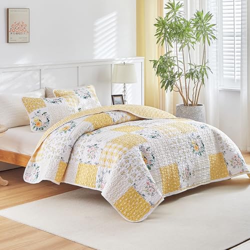 Joyreap 2 Pieces Floral Patchwork Quilt Set Twin, Yellow n White Flowers Design, Soft n Cozy Microfiber Quilt, Bedspread Bed Cover for All Season, 1 Quilt and 1 Pillow Sham- 68x86 inches Joyreap