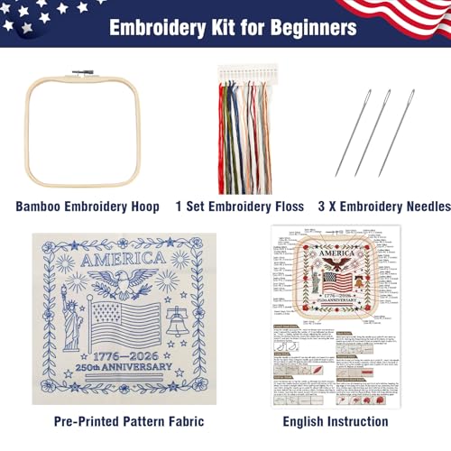 US 250th Anniversary Embroidery Kit, Patriotic Cross Stitch Kits, DIY Embroidery Kits for Adults with 1776-2026 Flag Pattern, 20cm Hoop, Threads, Needles & Instructions for Veterans Military Fans