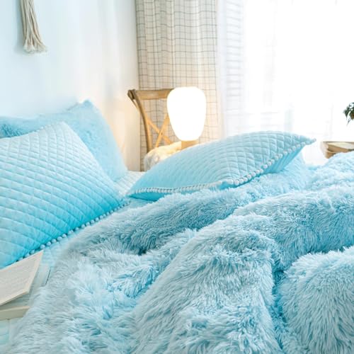 HAIHUA Plush Blue Comforter Cover Twin Set, Furry Blue Girls Twin Bedding Set 2 Pieces (1 Shaggy Duvet Cover + 1 Faux Fur Plush Pillow Cases) Girls Fuzzy Bed Set, Fluffy Bed Set, Zipper Closure HAIHUA