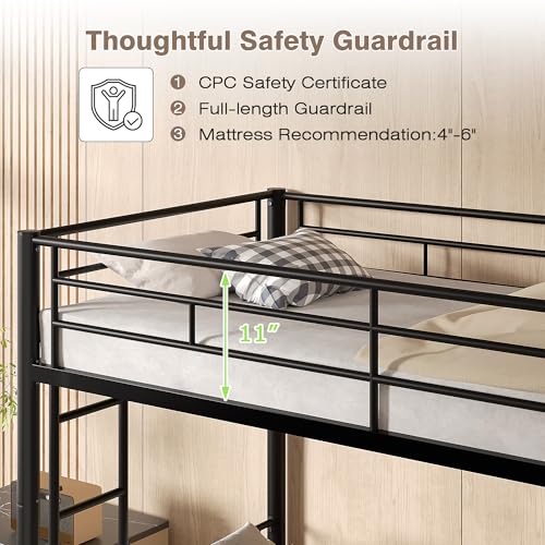 VECELO Bunk Bed Twin Over Twin, Metal Bunkbeds with Ladder and Full-Length Guardrail, No Box Spring Needed, Space Saving, Noise Free, Black VECELO