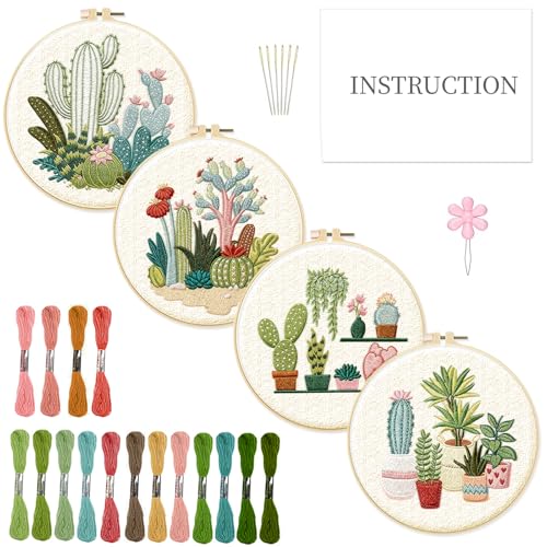 INFUNLY 4pcs Cactus Embroidery Kit Embroidery Starter Kits Cactus Cross Stitch Kits for Adults Stamped Embroidery Set with Patterns Embroidery Kit for Beginners Instruction Included