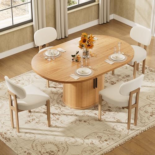 HAIZAO Large Retro Dining Table Set for 4, Modern Oval Kitchen Table Set with 4 Upholstered Chairs, Solid MDF Table with 2-Layer Storage Shelf and Wood Slide Door, Luxury Beige Chenille Chairs HAIZAO