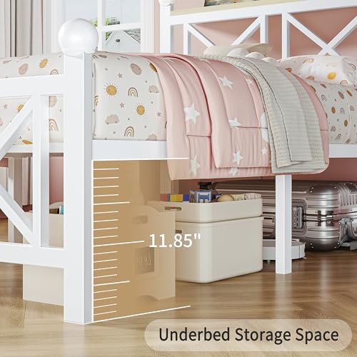DynJest Twin White Bed Frame with Headboard and Footboard, Storage Shelf with LED Lights and Charging Station, Strong Metal Slats Support, No Box Spring Needed, Under Bed Storage, Easy Assembly DynJest