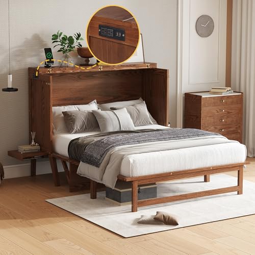 DNChuan Murphy Bed Cabinet with Storage Desktop,Murphy Bed Desk Combo with USB-Port,2 Pull-Out Shelves,Foldable Platform Bed for Guest Room,Full Size,Walnut DNChuan