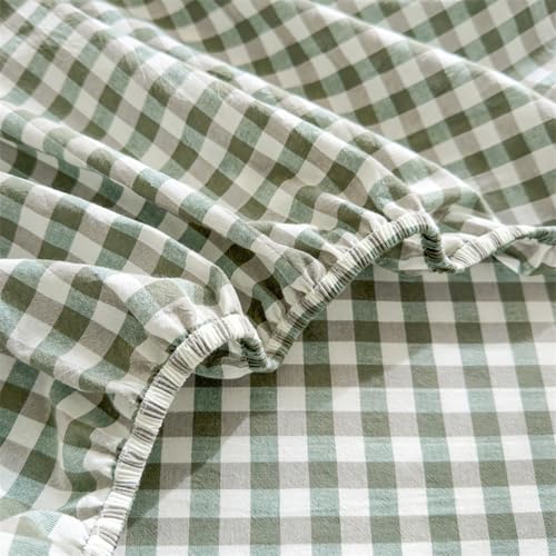 LifeTB Green Gingham Fitted Sheet King 1 Piece Plaid Bedding Sheet Soft 100% Washed Cotton Grid Single Bottom Sheet Green Gingham Bed Sheet Cotton Mattress Cover 15" Deep Pocket Farmhouse Grid Sheet LifeTB