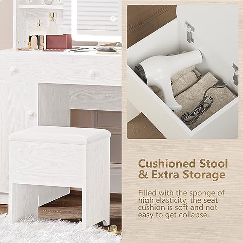 IRONCK Vanity Desk Set with Large LED Lighted Mirror & Power Outlet, 7 Drawers Vanities Dressing Makeup Table with Storage Bench, for Bedroom, Industrial Style White IRONCK