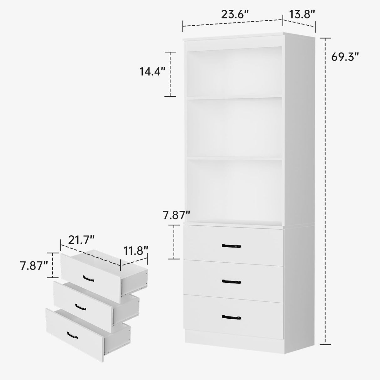 oneinmil 70" H 6-Tier Bookshelf with 3 Drawers, White Bookcase with 3-Tier Open Shelves, Tall Book Shelf with Storage Space, Wooden Storage Cabinet for Living Room, Bedroom, Office (White, 6-Tier) oneinmil