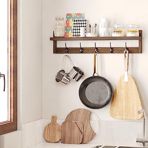 AMBIRD Wall Hooks with Shelf 28.9 Inch Length Entryway Wall Hanging Shelf Wood Coat Hooks for Wall with Shelf Wall-Mounted Coat Hook Rack with 5 Dual Hooks for Bathroom, Living Room, Bedroom (Brown) AMBIRD