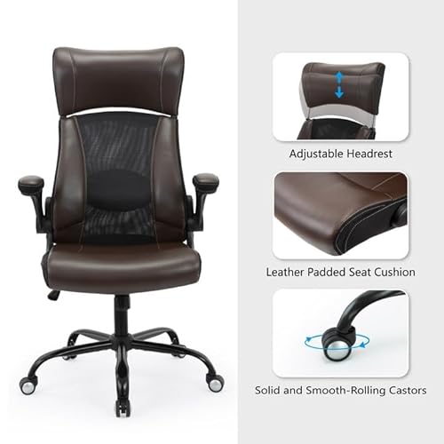 Clearance Executive Office Chair, Ergonomic Leather Desk Chair - Widened Adjustable Headrest with Flip-Up Arms, High Back Computer Swivel Task Chair with Lumbar Support, Brown ZLHECTO