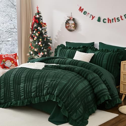 WONGS BEDDING Emerald Green Comforter Set King Size,7 Pieces Ruffle Comforter Set with Sheets,Boho Farmhouse Textured Bed in a Bag 104"×90" WONGS BEDDING