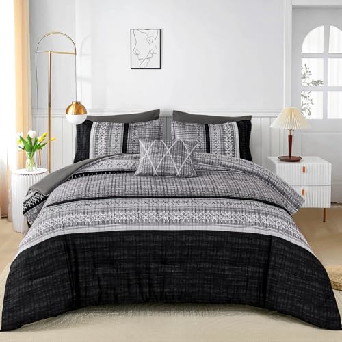 Dintszyayue Black Comforter Set Queen Size, 8 Pieces Boho Striped Bed in a Bag Soft Microfiber Bedding Set for All Season Dintszyayue